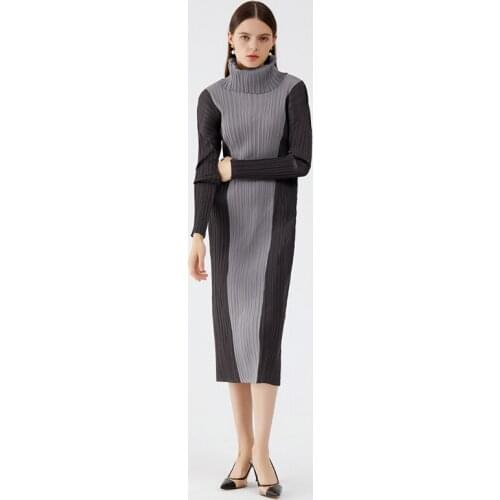 Miyake Pleated Turtleneck Dress Winter 2021 Korean Style High Fashion Black Gray Patchwork Long sleeve Turn-down Collar Dress