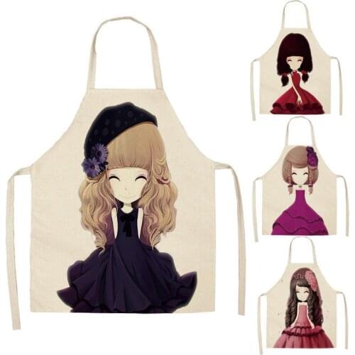 1 Pcs Cotton Linen Lovely Girl Printed Kitchen Aprons for Women Home Cooking Baking Waist Bib Pinafore WQ124