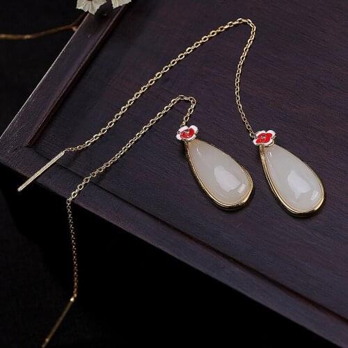 2019 Wedding Long Earrings For Women Elegant Natural Jade 100% 925 Sterling Silver Drop Earrings Fine Jewelry For Engagement