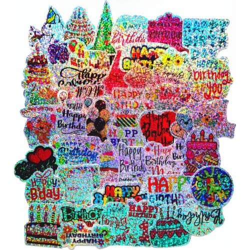 TD ZW 44Pcs Cartoon Happy Birthday Laser Stickers Waterproof Decal Laptop Motorcycle Luggage Snowboard Fridge Phone Car Sticker