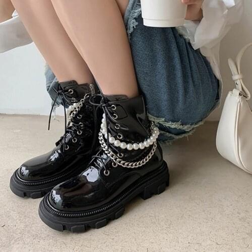 Lucyever 2021 Pearl Chain Platform Ankle Boots Women Patent Leather Med Heels Motorcycle Boots Woman Round Toe Lace-up Botas