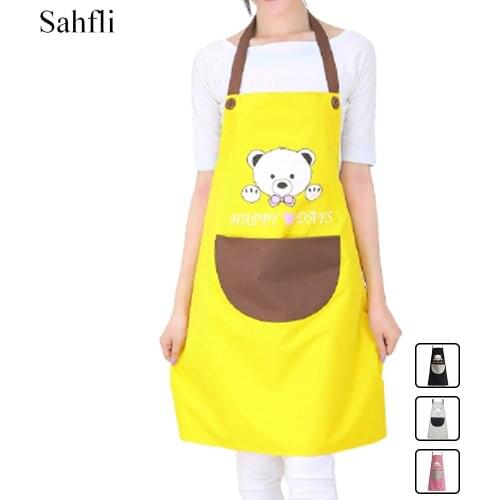 Cute Cartoon Bear Pattern Printed Two-color Mix Solid Color Design Polyester Adult Sleeveless Apron Large Pocket Hanging Neck