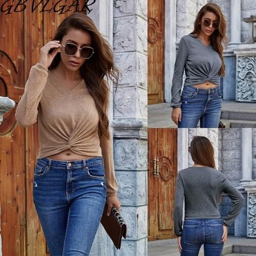 GBVLGAR Women Autumn Slim Crop Tshirt Sexy V-Neck Bow Twisted Crop Top Long Sleeve Solid Basic Cropped T Shirt Female Clothing