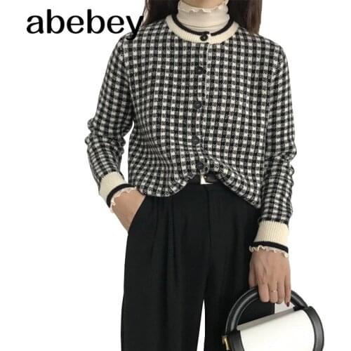 O-Neck Plaid Pattern Cardigan Sweater Work Ladies Knitwear Coats One Size Korean Style Loose Cardigans For Women Sweaters