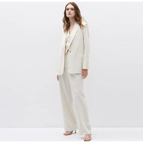 Shyloli Women High Street Pockets Striped Single Button Long Sleeve Suit White 2021 New Fashion Autumn Suit