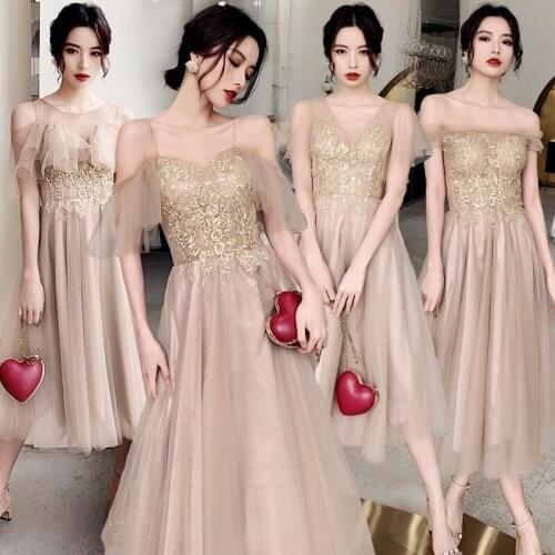 Bridesmaids Dresses Illusion Ankle-Length A-Line O-Neck Sequined Embroidery Lace Off The Shoulder Women Wedding Party Dress E063