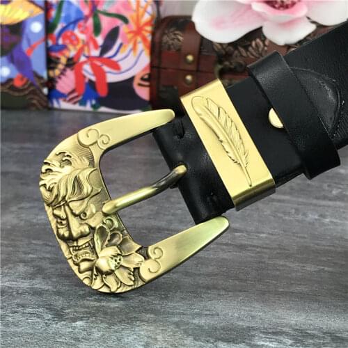 Men Belt Genuine Leather Vintage Brass Skull Belt Buckle Men Leather Belt Ceinture long Waist Belt Cinturon Mujer Riem MBT0114
