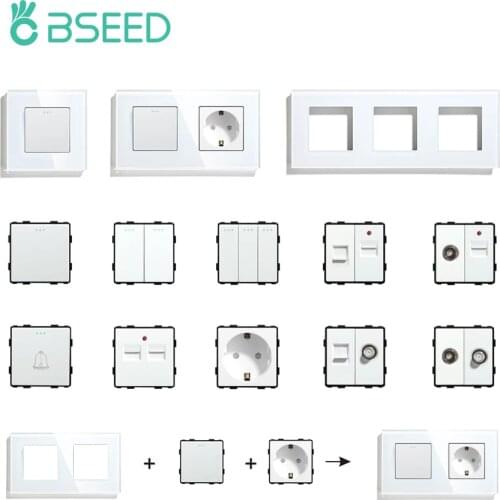BSEED Wall Light Switches Glass Panel Parts White USB Sockets Function Parts DIY EU CAT5 TV Sockets Power Outlet Parts