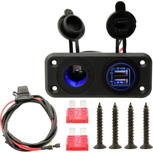 USB Socket Panel with Screw Waterproof Power Socket Adapter Kit Dual USB Ports for 12V-24V Car Boat Marine RV, Blue LED Lights