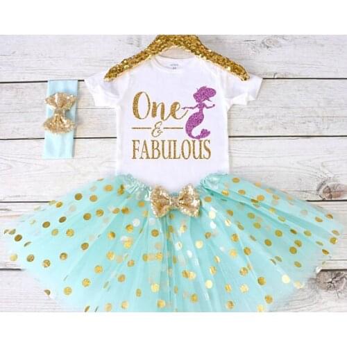 Customize One and Fabulous mermaid birthday bodysuit onepiece sparkle gold dots cake mesh tutu romper Outfit Sets party favors