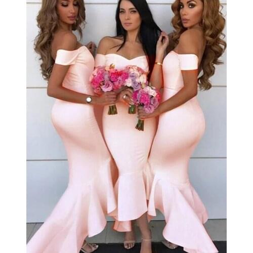 Simple Long Off the Shoulder Satin Pink White High Low Mermaid Wedding Guest Dresses Bridesmaid Dresses