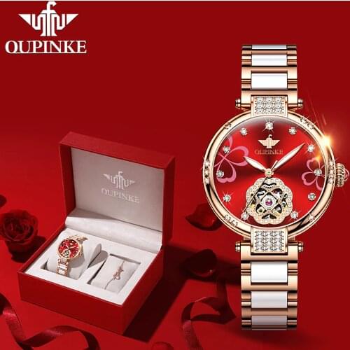 OUPINKE luxury Skeleton Automatic watches for women dimond simulated ceramic Mechanical Wristwatch sapphire Gifs sets for women
