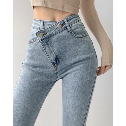 TVVOVVIN Stylish High Street Washed Do Old Jeans Woman Korean Oblique Buckle Irregular Denim Pencil Pants Female RMEN