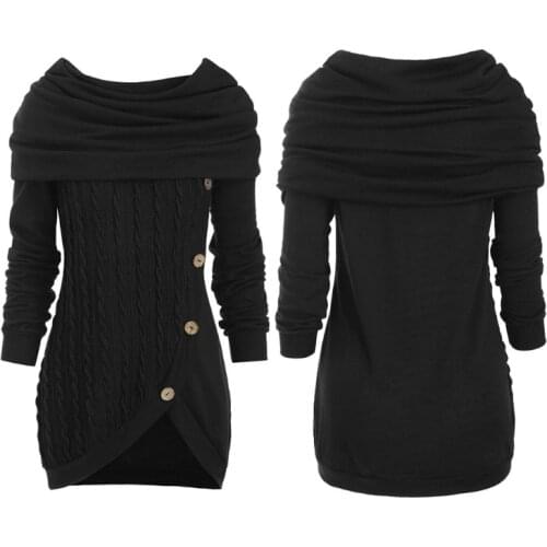 Women Long Sleeve Hooded Cowl Neck Sweater Button Asymmetric Hem Pullover Tunic Top Solid Color Cable Knit Jumper Shirt