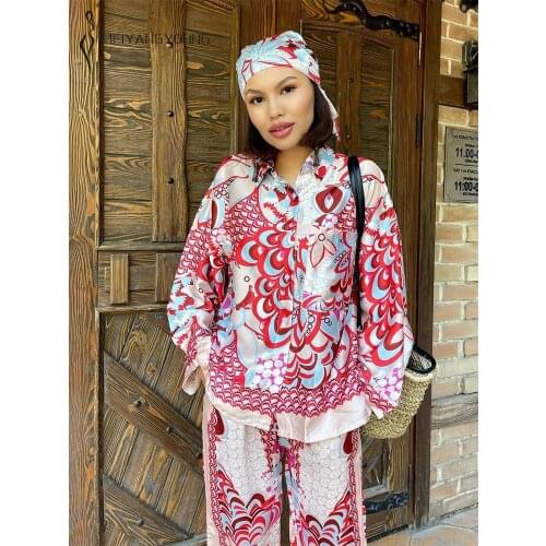 MEIYANGYOUNG asymmertirc print shirt Suit Women 2 Pieces Set long sleeve loose blouse and casual pants suits 2021