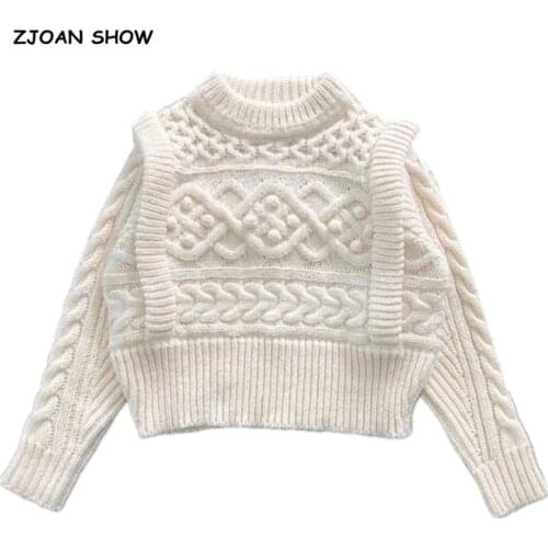 Women Twist Knitting Round Collar Sweater Vintage Pullover Knitwear Long sleeve False Two pieces Jumper Knitwear