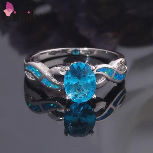 CiNily White Blue Created Fire Opal Silver Plated Wholesale for Women Jewelry Engagement Gift Ring Size 6-10 OJ9421-22 OJ9427