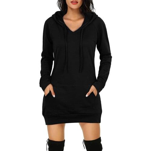 Womens Hoodie Dress New Autumn/Winter 2021 Solid Color Loose Large Pockets Long Sleeves Medium Long Dress Hoodie Jumper