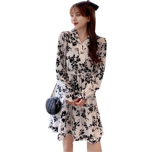 2021Spring Womens Dress Printed V-neck Chiffon Dress Female Floral Waist A-line Skirt Oversize Long Sleeve White Pullover Dress