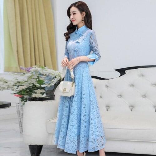 Women dress Vintage Traditional Buttons Lace Formal party Cheongsam styles Ladies Plus Size Vestidos Summer Dress