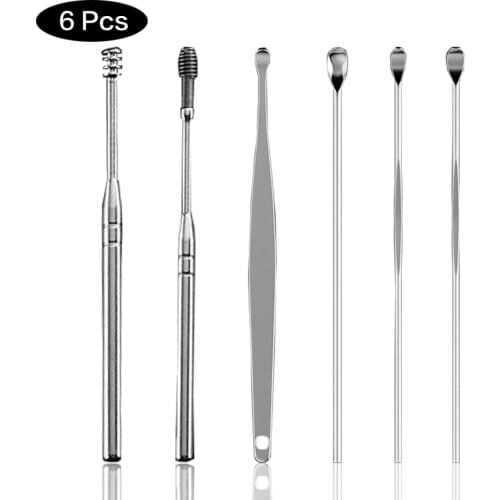 6Pcs Ear Wax Pickers Stainless Steel Earpick Wax Remover Curette Ear Pick Cleaner Ear Cleaner Spoon Care Ear Clean Tool