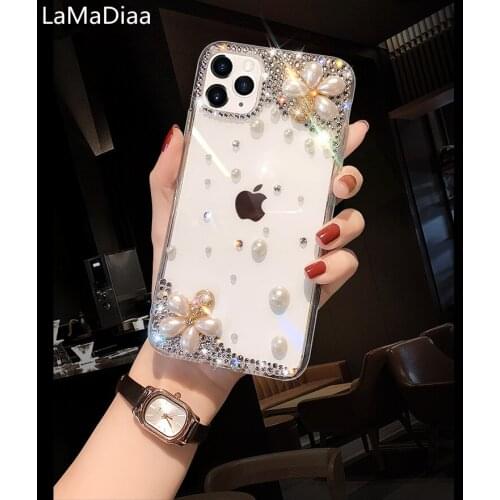 Luxury Clear Bling Flower Crystal Rhinestone Diamond Pearl Skin Case For Samsung S6 S7 S8 S9 S10 S20 S21 PLUS Note 5 8 9 10 20