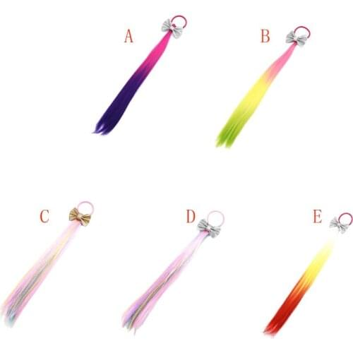 Childrens False Elastic Hair Rope Rubber Band Ponytail Headband Girls Colorful Long Bow Gradient Wig Princess Hair Accessories