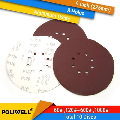 10PCS 9 Inch 225mm 8-Hole Hook&Loop Red Aluminum Oxide Sanding Discs for Woodworking Dremel Power Tools Polishing Accessories