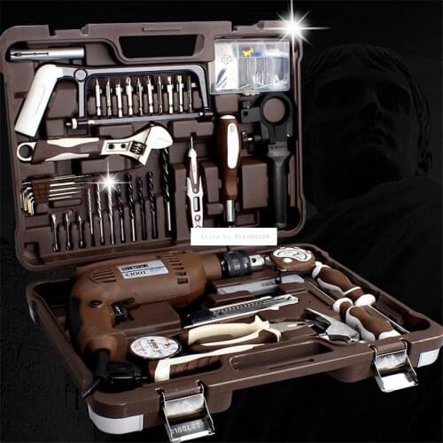 E082 Electric Drilling Tool Set Home Hand Tool Kit Maintenance Electrician Set With Toolbox Storage Case With Electric Drill