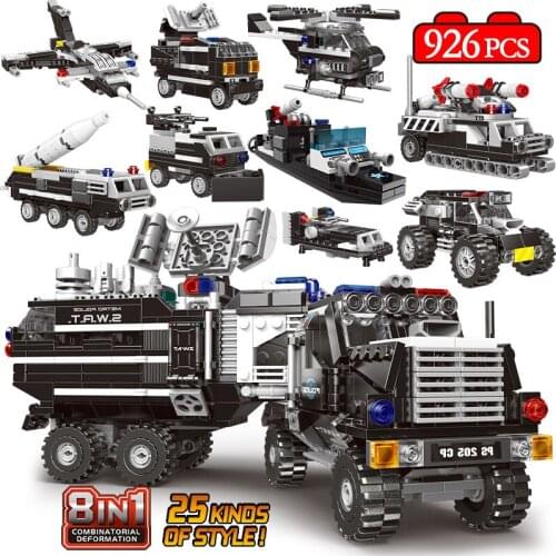 City 8 In1 SWAT Helicopter Vehicle Model Building Blocks WW2 Military Police Boat Aircraft Car Bricks Education Toys for Childre