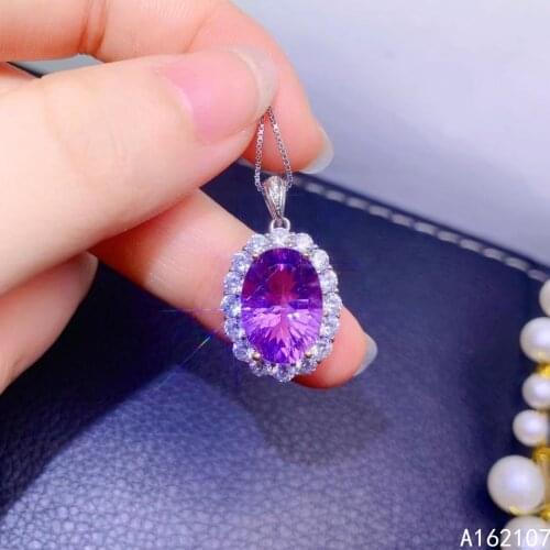 Fine Jewelry 925 Sterling Silver Inset With Natural Amethyst Womens Luxury Exquisite Oval Gem Pendant Necklace Supports Detecti