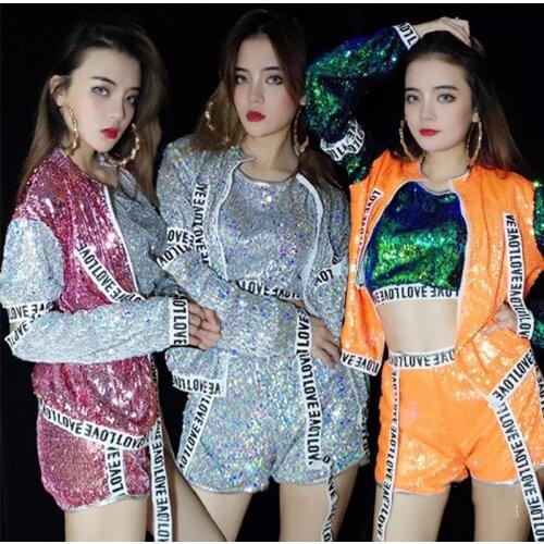 Jazz Dance Costumes Fashion Sequin Coat Hip Hop Clothing Adult Street Dancing Outfits Women Singer Sexy Night Clubwear DT1204