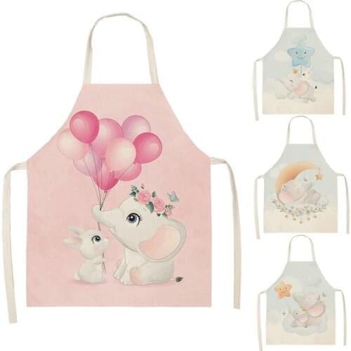 Kitchen Women Apron Cartoons Elephant Printed Linen Adult Childs Sleeveless Aprons 66x47cm Home Cleaning Tools