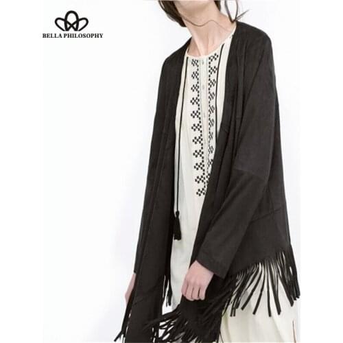 Autumn winter brand new ethnic vintage asymmetric khaki black faux suede fringed tassels poncho cape jacket coat