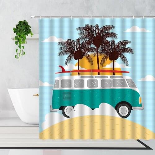 Summer Cartoon Holiday Retro Bus Camper Van Shower Curtain Bathroom Curtain Waterproof Polyester Fabric Bathroom Decor With Hook