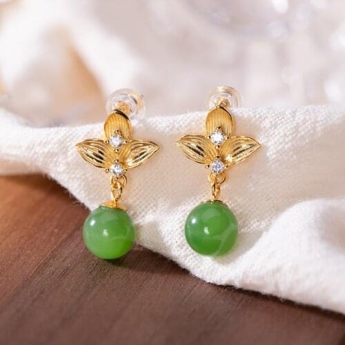 Natural 925 sterling silver gilded inlaid hetian jasper retro earrings necklace jewelry simple fashion for women jewelry sets