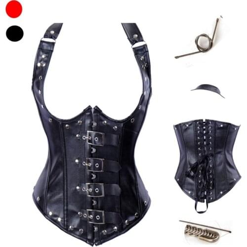 Cheap Black/Red Steampunk Halter Corset Steel Boned Waist Corset Faux Leather Underbust Corset Lady Sexy Cupless Corset