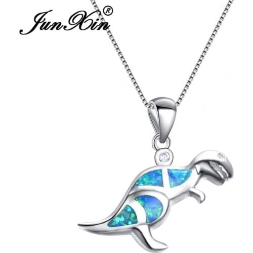 Cute Dinosaur Pendant White Blue Fire Opal Necklace For Women Men Fashion Silver Color Choker Cute Animal Necklaces Jewelry