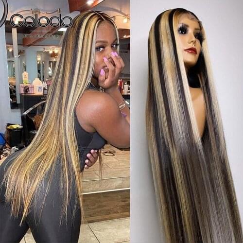 Brown Blonde Highlight Wig Piano Color Lace Front Human Hair Wigs with Baby Hair Ombre Straight Lace Front Wig for Women COLODO
