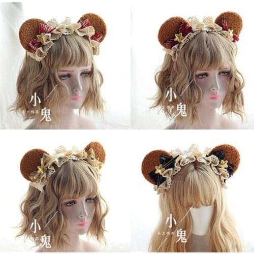 Sweet Lolita Dessert chocolate Bear Ears Bow Hair Band Hair Accessories Kawaii Womens Cosplay KC Headband Hair hoop B462