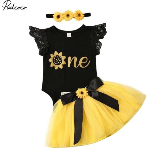 Pudcoco 2019 New Fashion 3PCS Infant Baby Girl Letter One Birthday Outfit Party Sunflower Romper Bowknot Cake Smash Tutu Dress