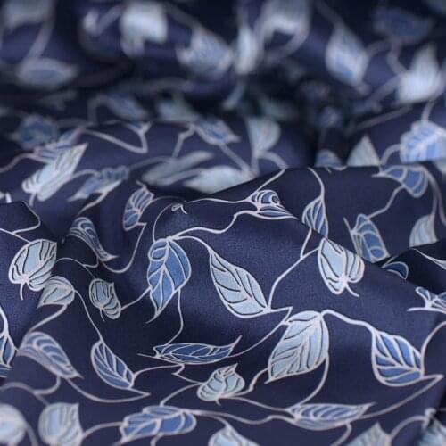 Silk Fabrics 1.08 Meter X 1 Meter Blue Leaf Printed Stretch Elastic Satin Silk Clothes Making Fabric