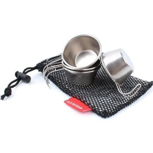 4pcs outdoor 304 stainless steel mini wine cup portable water 50ml + mesh bag camp camping cookware mug