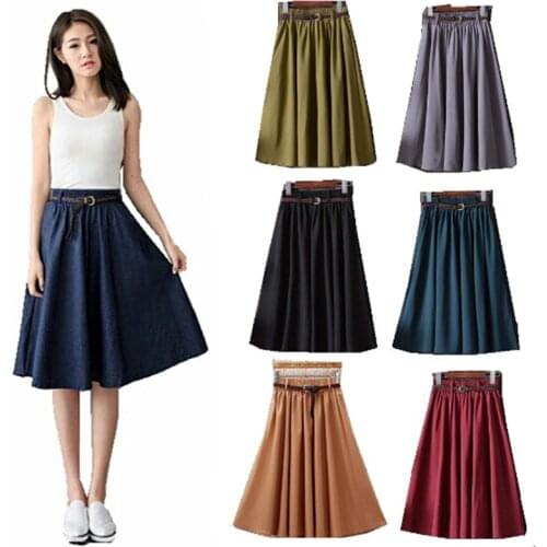 Fashion Korean Ladies High Waist Pleated A-line School Skirt Summer Knee Length Skirt Women With Belt Skirt Female