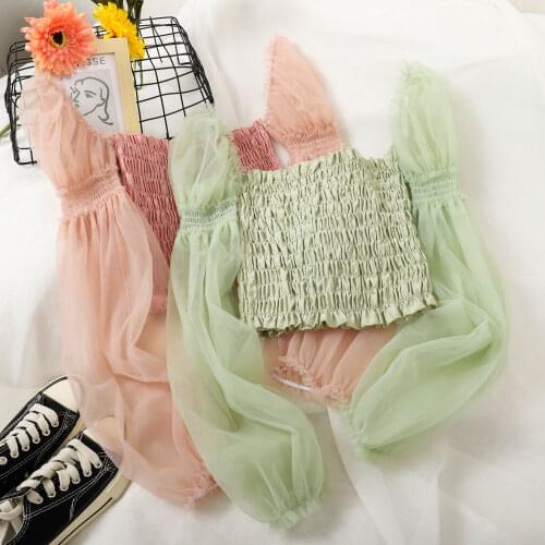 2021 Summer Women Square Collar Lantern Sleeve Pleated Ruffle Shirt Lady Elastic Short Slim Mesh Gauze Pullover Chic Blouse Tops