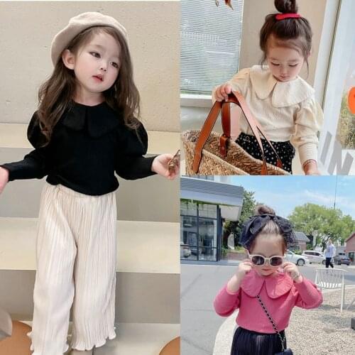 Girls Sweater Doll Collar Bubble Shoulder Fashion Bottoming Shirt Top 2021 Autumn and Winter New Solid Color Cotton Shirts