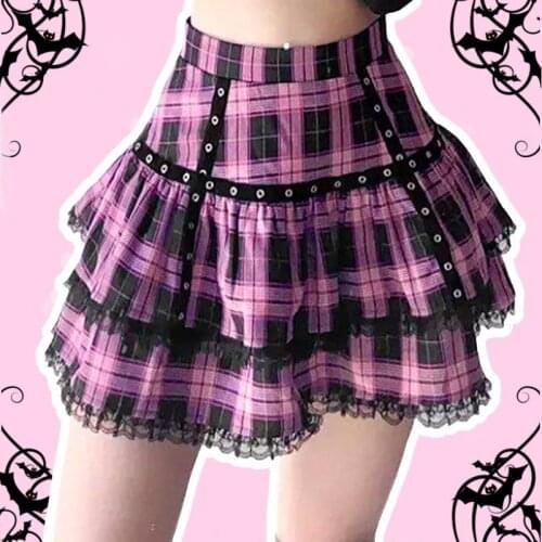 Harajuku Pastel Purple Plaid Skirt Knif Pleat High Waist Mini Skirt Tennisskirt For Women School-Girl Outfits
