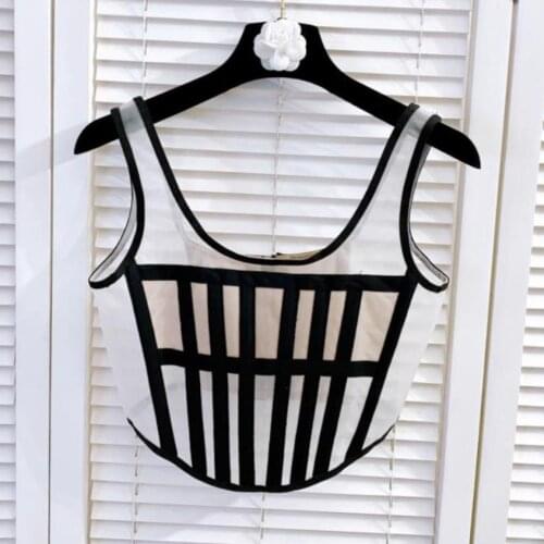 2021 New Fishbone Camisole U-neck Design Waisted Bustier Bra Black and White Contrast Stitching Hollow Mesh Tank Tops y933