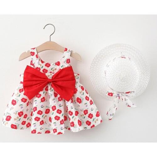 2021 Summer Kids Dresses Baby Girls Flower Newborn Princess Dress Sandy beach hat Children Clothing Big bow Girl Elegant Outfit