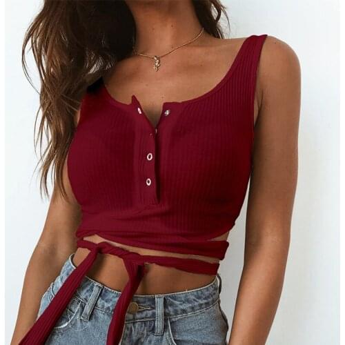 2021 Summer Short Sexy modis Women Tops Wrap Slim Casual Knit Crop Tops Stretch Lace-up Bow Solid Tank Tops Lace UP Tank tops